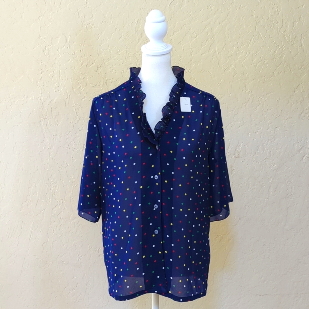LIKE NEW Blue Ruffle Neck Sheer Polka Dot Short Button Down Blouse Size Medium